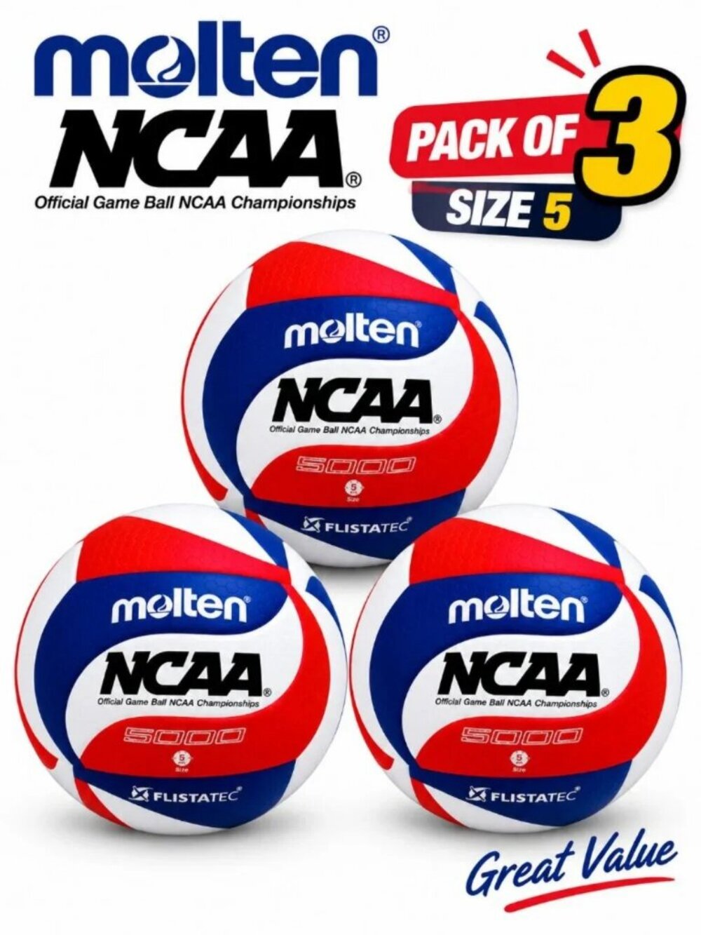 3-Pack Molten V5M5000-3N Flistatec NCAA Volleyball, Red/White/Blue .